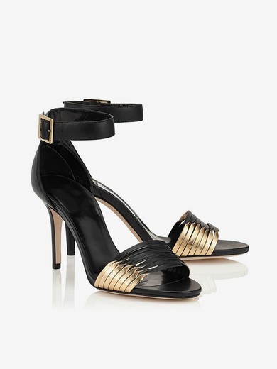 Women's Black Real Leather Stiletto Heel Pumps #UKM03030792