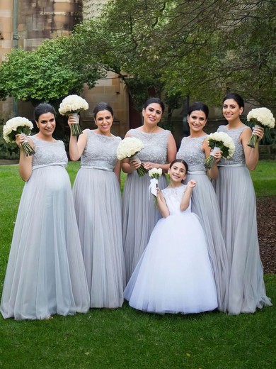 Scoop Neck Tulle with Beading Floor-length Modest Bridesmaid Dresses #UKM01012747