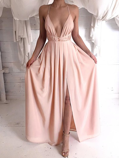 A-line Floor-length V-neck Chiffon Split Front Prom Dresses #UKM020103583