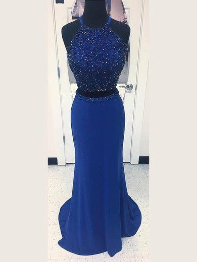 Mermaid Scoop Neck Jersey Two Piece Prom Dresses With Beading #UKM020106237