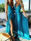 Satin V-neck A-line Sweep Train Split Front Bridesmaid Dresses #UKM01013598