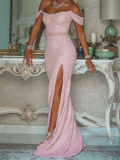 Sheath/Column Off-the-shoulder Sparkly Sequin Prom Dresses #UKM020106513