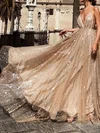 A-line V-neck Tulle Backless Sparkly Prom Dresses With Ruched #UKM020106528