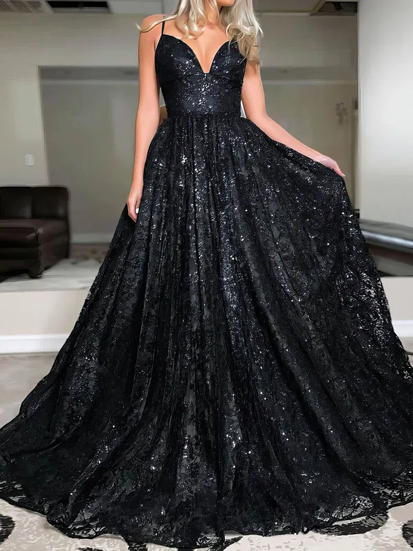 Black Ball Gown V-neck Lace Sparkly Prom Dresses With Ruched #UKM020106877