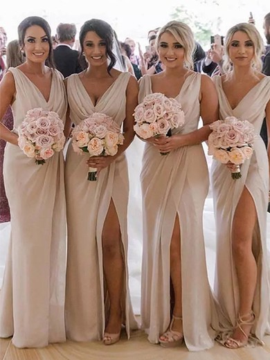 Chiffon V-neck Sheath/Column Sweep Train Split Front Bridesmaid Dresses #UKM01013843