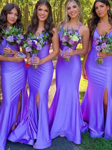 Sheath/Column V-neck Silk-like Satin Floor-length Split Front Bridesmaid Dresses #UKM01013930
