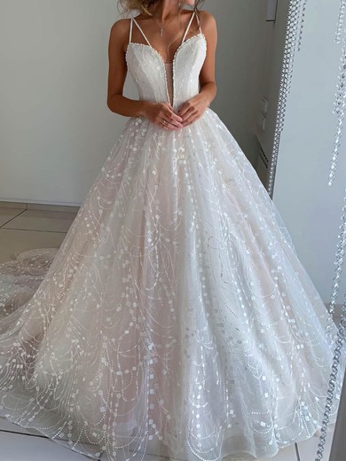 Ball Gown/Princess V-neck Glitter Court Train Wedding Dresses With Appliques Lace #UKM00023958