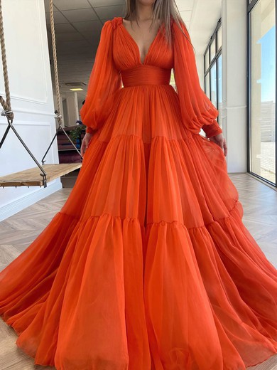 Ball Gown V-neck Puff Sleeve Chiffon Prom Dresses With Ruched #UKM020107576