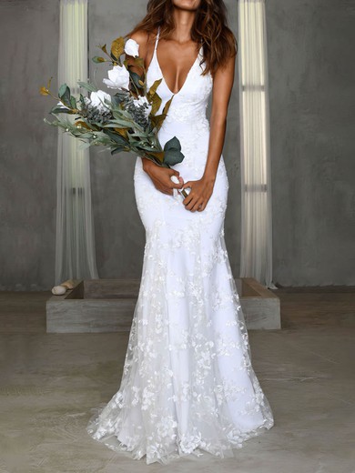 Trumpet/Mermaid V-neck Lace Sweep Train Wedding Dresses #UKM00024537