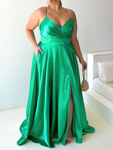 Ball Gown V-neck Satin Prom Dresses With Ruched #UKM020116596