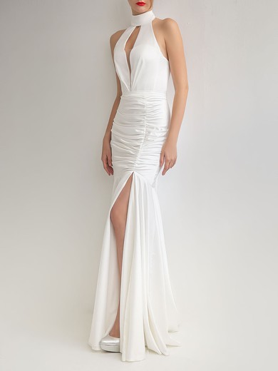 Trumpet/Mermaid Halter Satin Floor-length Wedding Dress With Ruched #UKM00027632